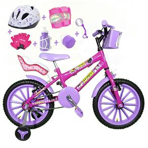 Bicicleta Infantil Aro 16 Pink Kit Roxo com Capacete, Kit Proteção e Cadeirinha