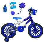 Bicicleta Infantil Aro 16 Prata Azul Kit Azul C/ Acessórios E Kit Proteção