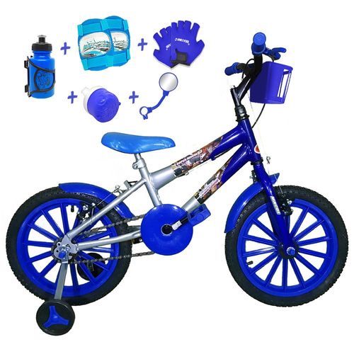 Bicicleta Infantil Aro 16 Prata Azul Kit Azul C/ Acessórios e Kit Proteção