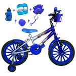Bicicleta Infantil Aro 16 Prata Azul Kit Azul C/ Acessórios e Kit Proteção