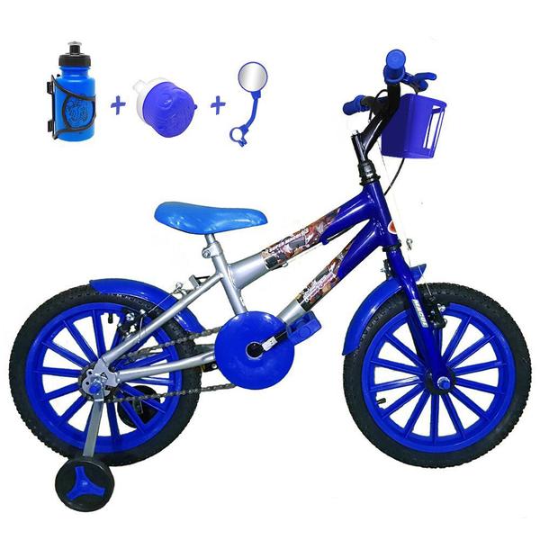 Bicicleta Infantil Aro 16 Prata Azul Kit Azul C/ Acessórios - Flexbikes