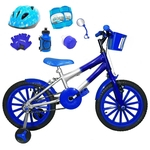 Bicicleta Infantil Aro 16 Prata Azul Kit Azul C/ Capacete e Kit Proteção
