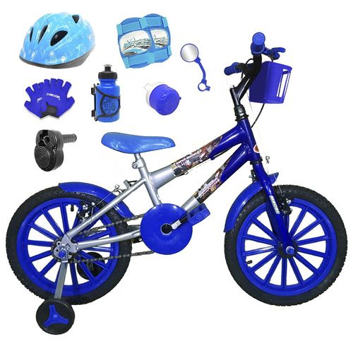 Bicicleta Infantil Aro 16 Prata Azul Kit Azul C/ Capacete, Kit Proteção e Acelerador