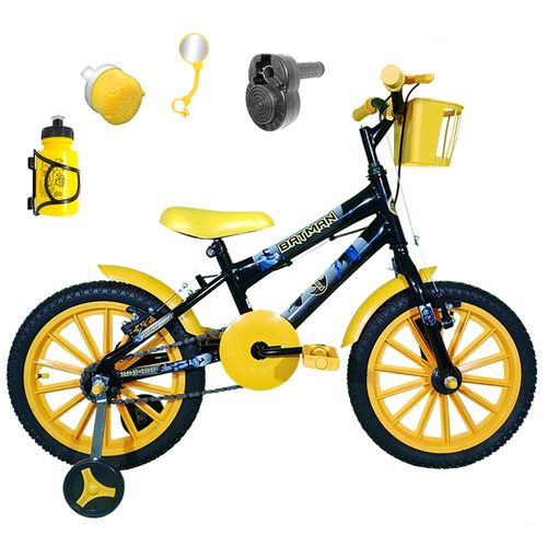 Bicicleta Infantil Aro 16 Preta Kit Amarelo C/ Acelerador Sonoro