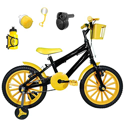 Bicicleta Infantil Aro 16 Preta Kit Amarelo C/Acelerador Sonoro