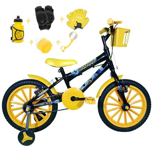 Bicicleta Infantil Aro 16 Preta Kit Amarelo C/ Acessórios e Kit Proteção