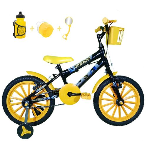 Bicicleta Infantil Aro 16 Preta Kit Amarelo C/ Acessórios