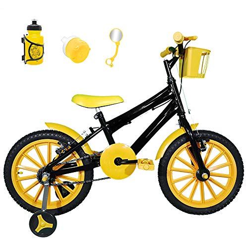 Bicicleta Infantil Aro 16 Preta Kit Amarelo C/Acessórios