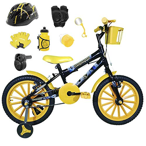 Bicicleta Infantil Aro 16 Preta Kit Amarelo C/Capacete, Kit Proteção e Acelerador