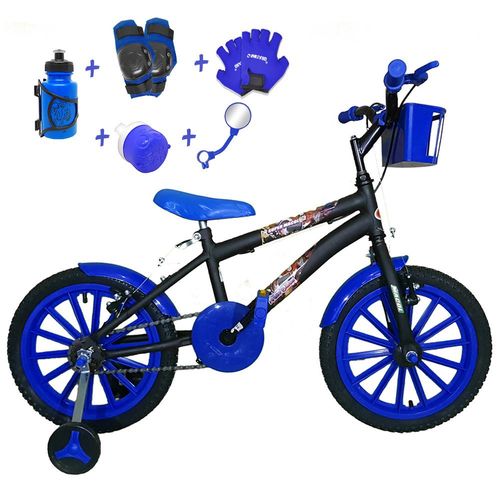 Bicicleta Infantil Aro 16 Preta Kit Azul C/ Acessórios e Kit Proteção