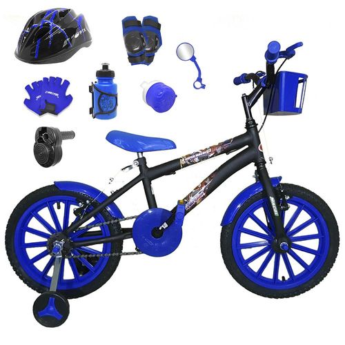 Bicicleta Infantil Aro 16 Preta Kit Azul C/ Capacete, Kit Proteção e Acelerador