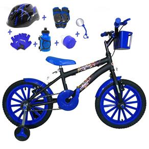 Bicicleta Infantil Aro 16 Preta Kit Azul com Capacete e Kit Proteção
