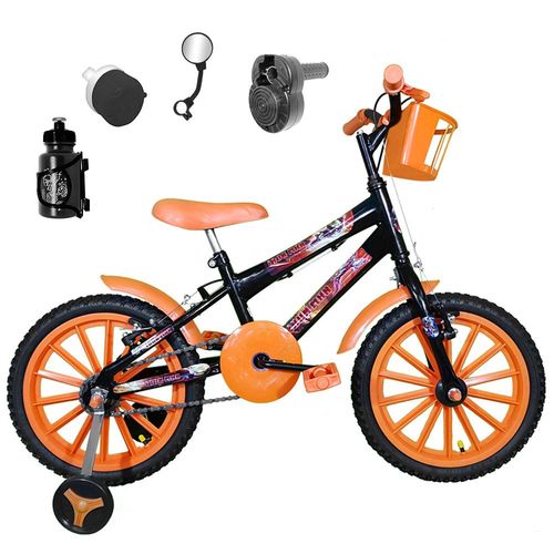 Bicicleta Infantil Aro 16 Preta Kit Laranja C/ Acelerador Sonoro
