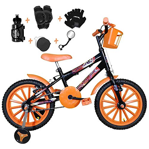 Bicicleta Infantil Aro 16 Preta Kit Laranja C/Acessórios e Kit Proteção