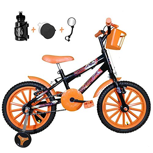 Bicicleta Infantil Aro 16 Preta Kit Laranja C/Acessórios