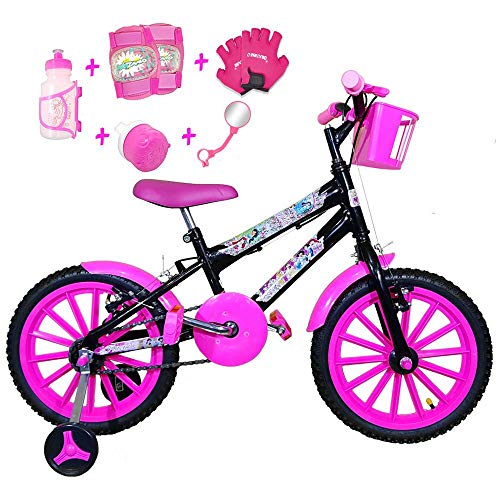 Bicicleta Infantil Aro 16 Preta Kit Pink C/Acessórios e Kit Proteção