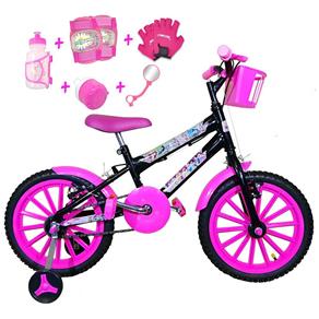 Bicicleta Infantil Aro 16 Preta Kit Pink com Acessórios e Kit Proteção