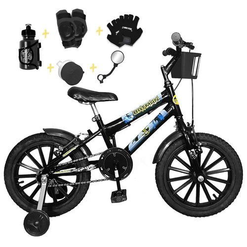 Bicicleta Infantil Aro 16 Preta Kit Preto C/ Acessórios e Kit Proteção