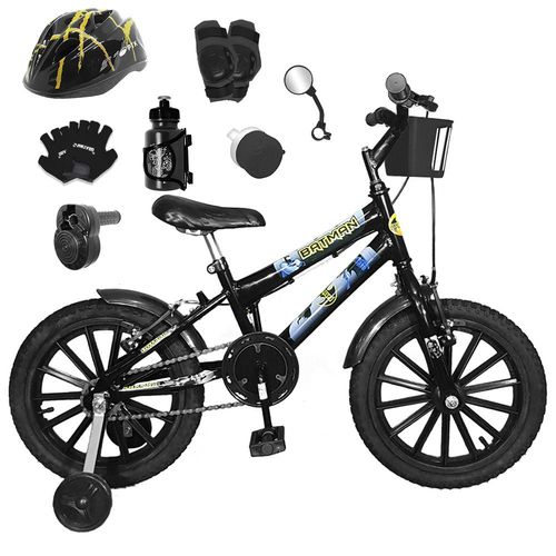 Bicicleta Infantil Aro 16 Preta Kit Preto C/ Capacete, Kit Proteção e Acelerador