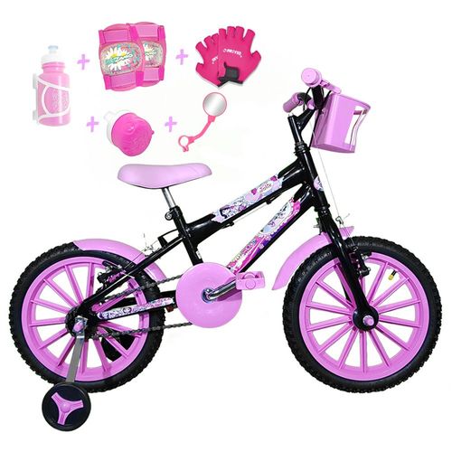 Bicicleta Infantil Aro 16 Preta Kit Rosa Bebê C/ Acessórios e Kit Proteção