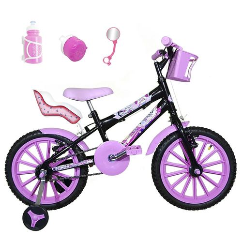 Bicicleta Infantil Aro 16 Preta Kit Rosa Bebê C/ Cadeirinha para Boneca