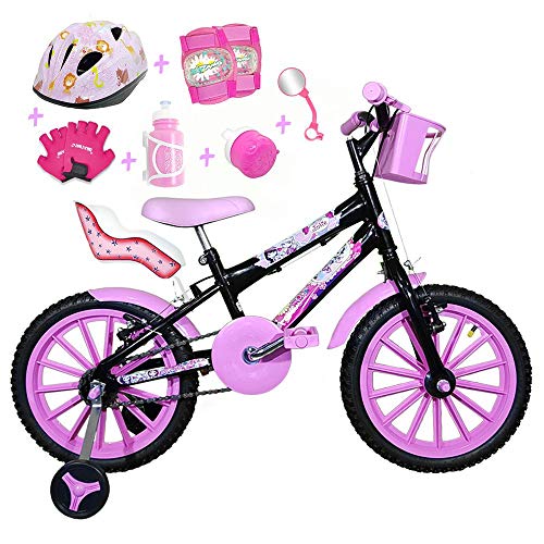 Bicicleta Infantil Aro 16 Preta Kit Rosa Bebê C/Capacete, Kit Proteção e Cadeirinha