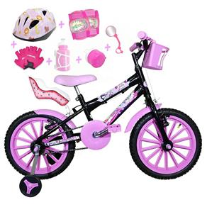 Bicicleta Infantil Aro 16 Preta Kit Rosa Bebê com Capacete, Kit Proteção e Cadeirinha