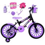 Bicicleta Infantil Aro 16 Preta Kit Roxo C/ Acessórios e Kit Proteção
