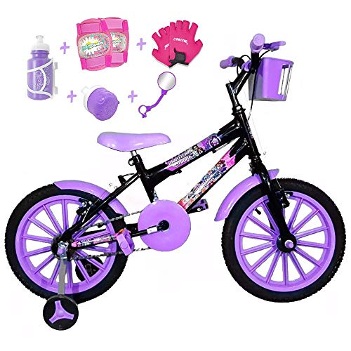 Bicicleta Infantil Aro 16 Preta Kit Roxo C/Acessórios e Kit Proteção