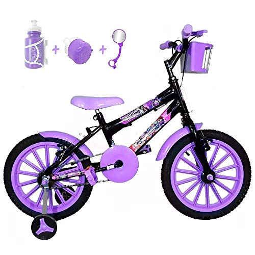 Bicicleta Infantil Aro 16 Preta Kit Roxo C/Acessórios