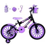 Bicicleta Infantil Aro 16 Preta Kit Roxo C/ Acessórios