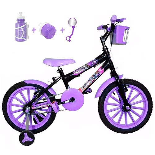 Bicicleta Infantil Aro 16 Preta Kit Roxo C/ Acessórios