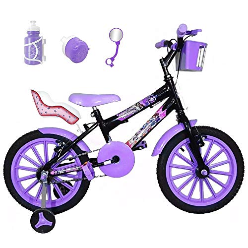 Bicicleta Infantil Aro 16 Preta Kit Roxo C/Cadeirinha para Boneca