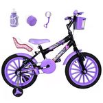 Bicicleta Infantil Aro 16 Preta Kit Roxo C/ Cadeirinha para Boneca
