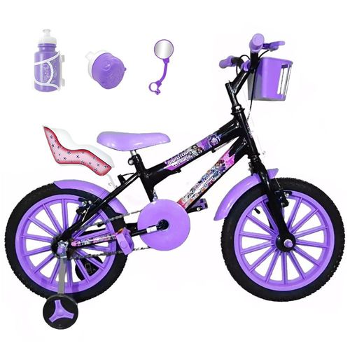 Bicicleta Infantil Aro 16 Preta Kit Roxo C/ Cadeirinha para Boneca