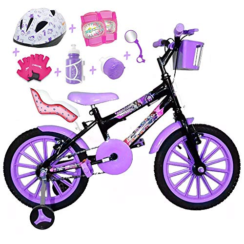 Bicicleta Infantil Aro 16 Preta Kit Roxo C/Capacete, Kit Proteção e Cadeirinha