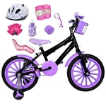 Bicicleta Infantil Aro 16 Preta Kit Roxo C/ Capacete, Kit Proteção E Cadeirinha