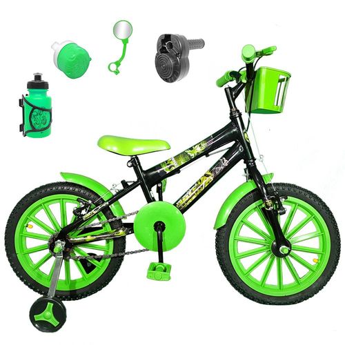 Bicicleta Infantil Aro 16 Preta Kit Verde C/ Acelerador Sonoro