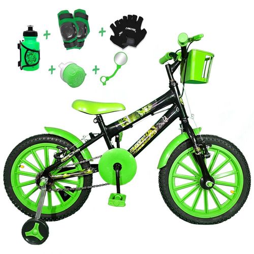 Bicicleta Infantil Aro 16 Preta Kit Verde C/ Acessórios e Kit Proteção