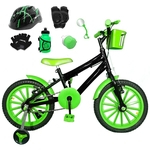 Bicicleta Infantil Aro 16 Preta Kit Verde C/ Capacete e Kit Proteção