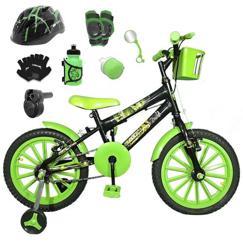 Bicicleta Infantil Aro 16 Preta Kit Verde C/ Capacete, Kit Proteção e Acelerador