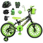 Bicicleta Infantil Aro 16 Preta Kit Verde C/ Capacete, Kit Proteção e Acelerador