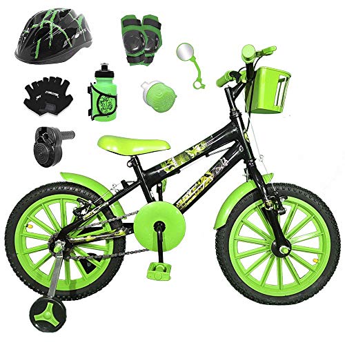 Bicicleta Infantil Aro 16 Preta Kit Verde C/Capacete, Kit Proteção e Acelerador