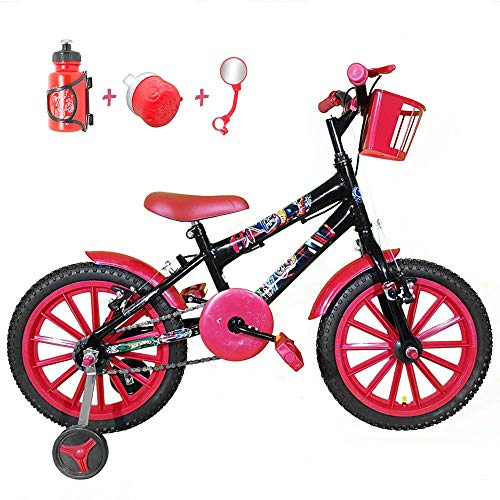 Bicicleta Infantil Aro 16 Preta Kit Vermelho C/Acessórios