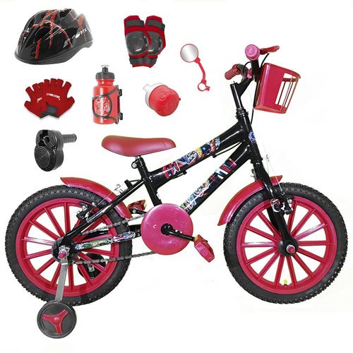 Bicicleta Infantil Aro 16 Preta Kit Vermelho C/ Capacete, Kit Proteção e Acelerador