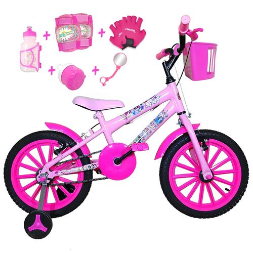 Bicicleta Infantil Aro 16 Rosa Bebê Kit Pink C/ Acessórios e Kit Proteção