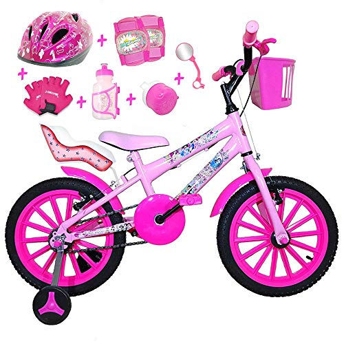 Bicicleta Infantil Aro 16 Rosa Bebê Kit Pink com Capacete, Kit Proteção e Cadeirinha