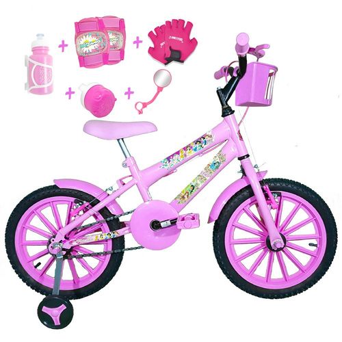 Bicicleta Infantil Aro 16 Rosa Bebê Kit Rosa Bebê C/ Acessórios e Kit Proteção