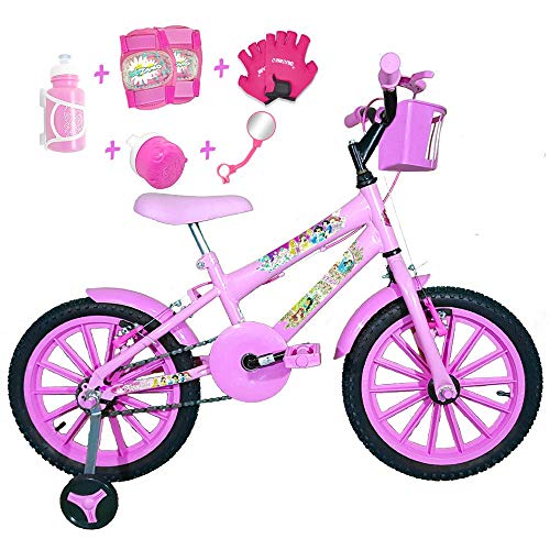 Bicicleta Infantil Aro 16 Rosa Bebê Kit Rosa Bebê C/Acessórios e Kit Proteção