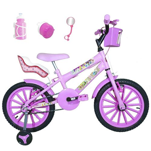 Bicicleta Infantil Aro 16 Rosa Bebê Kit Rosa Bebê C/ Cadeirinha para Boneca